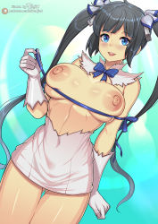 1girl artist_name black_hair blue_eyes blunt_bangs bow bowtie breasts commentary_request covered_navel dress dungeon_ni_deai_wo_motomeru_no_wa_machigatteiru_darou_ka gloves gluteal_fold hestia_(danmachi) huge_breasts huge_nipples large_areolae looking_at_viewer nipples open_mouth patreon_username redjet solo teeth tongue torn_clothes twintails watermark rating:Questionable score:96 user:danbooru