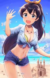 1girl :d beach bikini black_hair blue_eyes blue_shirt blue_shorts blue_sky bow breasts cleavage cloud collarbone contrapposto day dress_shirt fang ganaha_hibiki groin hair_bow happy_birthday high_ponytail highres idolmaster idolmaster_(classic) jewelry kurageso large_breasts long_hair navel necklace ocean open_clothes open_mouth open_shorts orange_bow outdoors sand_castle sand_sculpture shirt short_shorts shorts sky smile solo standing star_(symbol) star_necklace stomach striped_bikini striped_clothes swimsuit tied_shirt very_long_hair rating:Sensitive score:16 user:danbooru