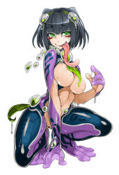  1girl colored_skin frog_girl green_eyes long_tongue looking_at_viewer monster_girl mucus_toad_(monster_girl_encyclopedia) purple_skin thick_thighs thighs tongue  rating:Explicit score:31 user:deadpidgen