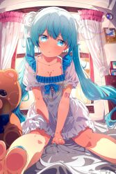  1girl absurdres arm_tattoo asami-chan bed_sheet blue_eyes blue_hair blue_nails bow breasts cleavage collarbone dress floating_hair hair_bow hatsune_miku head_tilt highres indoors lingerie long_hair looking_at_viewer medium_breasts nail_polish negligee number_tattoo short_dress short_sleeves sitting sleepwear solo stuffed_animal stuffed_toy tattoo teddy_bear toenail_polish toenails twintails underwear very_long_hair vocaloid white_bow white_dress 