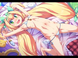 &gt;:3 &gt;_o 1girl :3 arc_system_works armpits barefoot bed bikini blazblue blonde_hair blush fang feet flat_chest green_eyes groin heart heart-shaped_pupils letterboxed loli long_hair lowleg micro_bikini navel one_eye_closed pillow platinum_the_trinity quad_tails ribs skinny solo spread_legs swimsuit symbol-shaped_pupils toraishi_666 twintails two_side_up v-shaped_eyebrows wink rating:Questionable score:205 user:danbooru