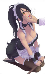 1girl :p alternate_costume apron arched_back artist_request bare_shoulders black_hair black_thighhighs blush breasts cheek_squash choker cleavage collarbone dark-skinned_female dark_skin drooling enmaided eyelashes face face_grab female_focus fishnet_thighhighs fishnets flying_sweatdrops forehead_jewel french_maid_nidalee frilled_thighhighs frills heavy_breathing high_heels highres holding ieung-isegae kneeling large_breasts league_of_legends long_hair looking_up maid maid_apron maid_headdress nidalee open_mouth ponytail round_teeth saliva seiza shoes simple_background sitting solo_focus staff sweat swept_bangs tareme tears teeth thighhighs tongue tongue_out v_arms very_long_hair white_background wrist_cuffs yellow_eyes rating:Questionable score:184 user:usernam