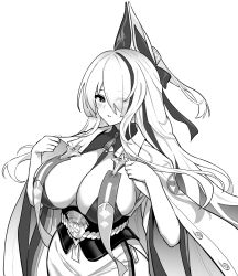  1girl azur_lane azur_lane:_slow_ahead breasts eyes_visible_through_hair greyscale hair_ornament hair_over_one_eye hands_up highres hori_(hori_no_su) japanese_clothes large_breasts long_coat long_hair looking_at_viewer monochrome multicolored_hair official_art parted_lips sakuramon simple_background solo streaked_hair unzen_(azur_lane) white_background wide_sleeves  rating:Sensitive score:19 user:danbooru