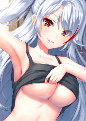 1girl alternate_costume arm_up armpits azur_lane black_tank_top blush breasts collarbone commentary_request hair_between_eyes highres large_breasts light_particles long_hair looking_at_viewer mole mole_on_breast multicolored_hair no_bra parted_lips pensuke prinz_eugen_(azur_lane) red_hair shiny_skin silver_hair smile solo streaked_hair tank_top two_side_up underboob undressing upper_body very_long_hair rating:Questionable score:35 user:danbooru