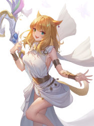 1girl :3 absurdres animal_ears aqua_eyes armband belly_chain blonde_hair blush breasts cat_ears cat_girl cat_tail dddsunsky dress ear_piercing feet_out_of_frame final_fantasy final_fantasy_xiv gold green_eyes hair_between_eyes heterochromia highres jewelry large_breasts long_hair looking_at_viewer miqo&#039;te open_hand open_mouth piercing sideboob sideless_outfit simple_background smile solo staff standing standing_on_one_leg tail thighs toga warrior_of_light_(ff14) white_background white_dress white_mage_(final_fantasy) wrist_guards