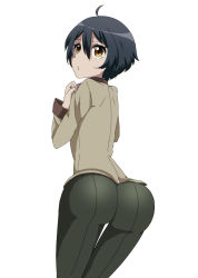 10s 1boy ahoge ass black_hair blush cowboy_shot from_behind huge_ass kobayashi_yoshio leaning leaning_forward looking_back male_focus pants parted_lips ranpo_kitan short_hair simple_background skin_tight solo tight_clothes tight_pants trap unasuke0727 white_background wide_hips yellow_eyes rating:Questionable score:42 user:armorcrystal