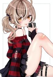  1girl :p absurdres ahoge bandaid bandaid_on_knee bandaid_on_leg black_choker black_nails black_ribbon black_skirt black_sweater blush brown_eyes brown_hair cellphone choker dotted_line emo_fashion from_side hair_ribbon highres holding holding_phone hololive hololive_english iphone knee_blush knee_up lace-trimmed_choker lace_trim looking_at_viewer multicolored_hair nanashi_mumei nanashi_mumei_(emo) o-ring o-ring_thigh_strap official_alternate_costume phone pleated_skirt red_sweater ribbon simple_background skirt smartphone smile soradally spaghetti_strap streaked_hair striped_clothes striped_sweater sweater thigh_strap thighs tongue tongue_out torn_clothes torn_sweater twintails two-tone_sweater virtual_youtuber 