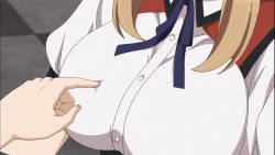 1boy 1girl animated anime_screenshot blue_neckwear bouncing_breasts bow bowtie breast_poke breasts collared_shirt gokukoku_no_brynhildr head_out_of_frame large_breasts light_brown_hair poking puffy_short_sleeves puffy_sleeves ribbon school_uniform shirt short_hair short_sleeves solo_focus takatori_kotori upper_body white_shirt rating:Questionable score:30 user:Amaggard