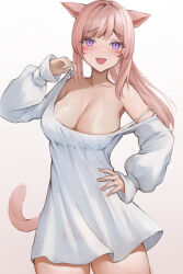  1girl animal_ears blush breasts cat_ears cat_girl cat_tail cleavage collarbone commission cowboy_shot dress facial_mark final_fantasy final_fantasy_xiv gradient_background hand_on_own_hip highres large_breasts long_hair long_sleeves looking_at_viewer miqo&#039;te off_shoulder open_mouth pink_hair ponytail puffy_long_sleeves puffy_sleeves purple_eyes sidelocks simple_background skeb_commission slit_pupils solo strap_lift tail thighs torisanff14 warrior_of_light_(ff14) whisker_markings white_dress  rating:Sensitive score:20 user:danbooru