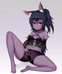  1girl animal_ears arm_support bad_id bad_pixiv_id bare_shoulders barefoot bike_shorts black_hair blush breasts cat_ears censored cleavage colored_skin detached_sleeves full_body grimgrim highres leaning_back legs long_hair midriff naughty_face navel no_tail original ponytail presenting purple_skin pussy red_eyes shorts simple_background sitting small_breasts smile solo spread_legs spread_pussy spread_pussy_under_clothes tongue tongue_out  rating:Explicit score:59 user:danbooru