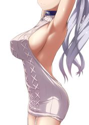 1girl armpit_crease armpits arms_up azur_lane backless_outfit belfast_(azur_lane) breasts collar commentary_request garter_straps highres large_breasts meme_attire ponytail shenqi_(toid310) shiny_skin sideboob silver_hair simple_background smile solo sweater virgin_killer_sweater white_background rating:Sensitive score:39 user:danbooru