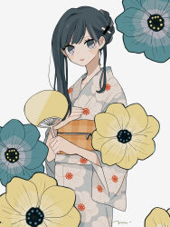  1girl blue_eyes blue_hair blush_stickers braid flower hair_ornament hand_fan hand_on_own_chest highres holding holding_fan japanese_clothes kimono long_hair long_sleeves looking_at_viewer maco22 obi open_mouth original paper_fan sash smile solo uchiwa wide_sleeves x_hair_ornament 