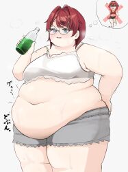 1girl 7sufyfhysfsdkn0 ange_katrina ange_katrina_(6th_costume) armpit_crease blush bottle breasts camisole camisole_lift clothes_lift commentary_request fat fat_rolls hair_intakes hair_ornament hairclip hand_on_own_hip heavy_breathing highres holding holding_bottle lace-trimmed_camisole lace_trim medium_breasts medium_hair nijisanji obese red_hair round_eyewear skindentation sound_effects steaming_body sweat thick_thighs thighs thought_bubble very_sweaty virtual_youtuber white_camisole