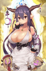 10s 1girl antenna_hair bandaged_arm bandages bare_shoulders breasts cleavage curvy danua doll granblue_fantasy hair_between_eyes highres horn_ornament horns huge_breasts jewelry long_hair looking_at_viewer magister necklace pointy_ears purple_hair red_eyes solo standing thumb_to_mouth wide_hips rating:Sensitive score:59 user:danbooru