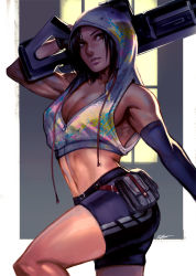 &gt;:( 1girl armpits bare_shoulders belt_pouch bike_shorts black_gloves black_hair breasts brown_eyes cleavage closed_mouth commission cowboy_shot crop_top elbow_gloves fingerless_gloves from_side frown gloves gun holding holding_gun holding_weapon hood hoodie large_breasts looking_at_viewer looking_to_the_side midriff muscular navel original over_shoulder pouch rejean_dubois rifle short_hair sideboob single_elbow_glove solo stomach toned v-shaped_eyebrows weapon weapon_over_shoulder rating:Sensitive score:26 user:danbooru