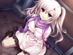  1girl arms_behind_back bdsm bondage bound breasts female_focus g-senjou_no_maou gag gagged improvised_gag long_hair looking_at_viewer on_floor purple_eyes purple_scarf scarf shiratori_mizuha sitting solo tape tape_gag third-party_edit twintails wariza white_hair  rating:Questionable score:26 user:grifo-0010