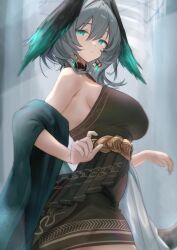  1girl ambience_synesthesia aqua_eyes aqua_feathers aqua_shawl aqua_wings arknights bare_shoulders black_dress black_feathers black_wings breasts closed_mouth commentary_request detached_collar dress feathers from_side grey_hair hair_between_eyes head_wings highres ho&#039;olheyak_(arknights) ho&#039;olheyak_(carriage_of_the_winds_of_time)_(arknights) large_breasts looking_at_viewer official_alternate_costume short_hair solo sora_mame_(princess_0sora) strapless strapless_dress two-tone_wings wings 