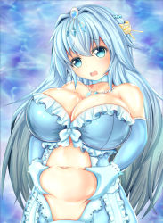 1girl aurora_star_coral bad_id bad_pixiv_id bare_shoulders belly belly_grab blue_eyes blue_hair blush breasts cardfight!!_vanguard cleavage dress gloves gradient_hair hair_ornament highres large_breasts long_hair looking_at_viewer mermaid monster_girl multicolored_hair navel open_mouth plump run silver_hair solo tail weight_conscious rating:Sensitive score:26 user:danbooru