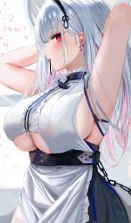  1girl absurdres adjusting_hair anchor_choker anchor_necklace apron armpits arms_up azur_lane black_hairband breasts center_frills clothing_cutout dido_(azur_lane) earrings frills from_side hairband highres jewelry long_hair looking_at_viewer lshiki mouth_hold necklace red_eyes revision underboob underboob_cutout upper_body waist_apron white_apron white_background 
