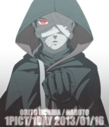  10s 1boy 2013 bandages character_name cloak dated gloves kajicka looking_at_viewer male_focus naruto_(series) naruto_shippuuden red_eyes solo spoilers uchiha_obito  rating:Sensitive score:5 user:jali