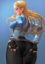 1girl ass ass_grab blonde_hair blue_background blue_eyes blush braid breasts cameltoe censored deep_skin elf fingerless_gloves from_behind gloves hair_ornament hairclip huge_ass large_breasts lasterk long_hair long_sleeves looking_at_viewer looking_back md5_mismatch nintendo pants parted_lips pointy_ears princess_zelda resolution_mismatch sideboob simple_background single_braid sky solo spread_ass the_legend_of_zelda the_legend_of_zelda:_breath_of_the_wild tight_clothes tight_pants rating:Questionable score:239 user:armorcrystal