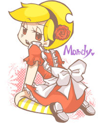  1girl apron bad_id bad_pixiv_id blonde_hair bow brown_eyes cartoon_network character_name flower from_above hair_flower hair_ornament hairband heart looking_back mandy_(billy_&amp;_mandy) mandy_(grim_adventures) open_mouth red_eyes sitting socks solo striped_clothes striped_socks the_grim_adventures_of_billy_&amp;_mandy tsukapanda wariza  rating:Sensitive score:37 user:danbooru