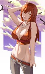 1girl absurdres arm_behind_head armpits breasts cleavage clothes_pull curvy highres joy_(shenmue) large_breasts long_hair midriff navel orange_eyes orange_hair pants pants_pull parted_lips seductive_smile sega shenmue shenmue_the_animation smile solo teasing toned wanderstillart