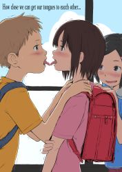  1boy 2girls backpack bag black_eyes black_hair blouse blush brown_hair child_on_child commentary english_commentary english_text eye_contact french_kiss hands_on_another&#039;s_shoulder highres imminent_kiss kiss li_(lithium0522) loli looking_at_another multiple_girls orange_shirt original pink_shirt randoseru shirt short_hair short_sleeves shota smile t-shirt tongue tongue_out trembling upper_body window  rating:Questionable score:337 user:danbooru
