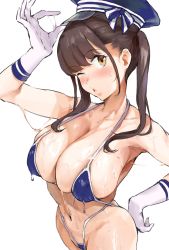 1girl 2t_(tanakatakuto) :o armpits bare_shoulders bikini blue_bikini blunt_bangs blush breasts brown_eyes brown_hair cleavage collarbone commentary_request from_above gloves halterneck hand_on_own_hip hat highres large_breasts long_hair micro_bikini navel one_eye_closed open_mouth original sailor_hat sidelocks simple_background solo sweat swimsuit twintails wet white_background white_gloves rating:Questionable score:72 user:danbooru