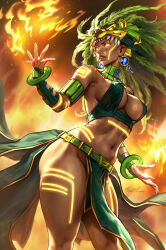  1girl aleriia_v animal_ears arm_tattoo armlet astrowitch bracer breasts commentary commission cover_image dark-skinned_female dark_skin english_commentary facial_tattoo feathers fire glowing glowing_eyes green_feathers headdress highres large_breasts leg_tattoo looking_to_the_side navel pelvic_curtain shoulder_tattoo signature solo stomach_tattoo tattoo tribal watermark web_address yellow_eyes 