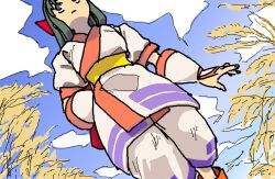 1girl ainu_clothes arm_behind_back breasts expressionless fingerless_gloves from_below gloves grey_eyes hair_ribbon highres legs long_hair looking_at_viewer nakoruru pants ribbon samurai_spirits small_breasts snk solo the_king_of_fighters thighs walking