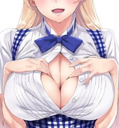 1girl :d bare_arms blonde_hair blue_bow blue_bowtie blush bow bowtie breast_focus breasts buttons cleavage commentary_request deep_skin facing_viewer fingernails gingham hands_up head_out_of_frame large_breasts lips long_hair matsuryuu mayuri_mariani open_mouth original paizuri_invitation simple_background smile solo spread_cleavage unbuttoned upper_body white_background ||/ rating:Sensitive score:76 user:danbooru