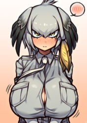  1girl absurdres bird_wings black_hair blush breast_pocket breasts breasts_squeezed_together button_gap cleavage closed_mouth collared_shirt feathered_wings gradient_background grey_hair grey_shirt grey_shorts hair_between_eyes head_wings highres kemono_friends large_breasts looking_at_viewer medium_hair motion_lines multicolored_hair necktie nikuatsu_magician_shinbo pocket shirt shoebill_(kemono_friends) shorts sidelocks solo spoken_blush tsurime v_arms white_necktie wings yellow_background yellow_eyes  rating:Sensitive score:89 user:danbooru
