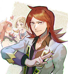 1boy 1girl absurdres blush brown_hair collarbone collared_shirt creatures_(company) game_freak heart highres jacket kash-phia looking_at_another lyra_(pokemon) nintendo official_alternate_costume open_clothes open_jacket pokemon pokemon_hgss pokemon_masters_ex red_hair shirt silver_(champion)_(pokemon) silver_(pokemon) sweat teeth