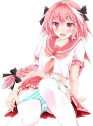 1boy :d arm_behind_back arm_support astolfo_(fate) astolfo_(sailor_paladin)_(fate) black_bow blush bow braid collarbone commentary_request crop_top crop_top_overhang fang fate/apocrypha fate/grand_order fate_(series) hair_bow hair_intakes horizontal-striped_panties long_hair male_focus miniskirt multicolored_hair narumi_yuu_(imitmoon) navel neckerchief official_alternate_costume open_mouth panties panty_pull pink_hair pink_neckerchief pleated_skirt pulling_own_clothes purple_eyes raised_eyebrows reclining red_sailor_collar red_skirt sailor_collar school_uniform serafuku shirt short_sleeves simple_background single_braid sitting skirt sleeve_cuffs smile solo streaked_hair striped_clothes striped_panties thighhighs trap two-tone_hair underwear upskirt white_background white_hair white_shirt white_thighhighs