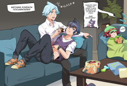  1girl 2boys alain_(pokemon) black_pants character_print charizard chespin coffee_table collared_shirt commentary couch creatures_(company) feeding game_freak gen_1_pokemon gen_3_pokemon gen_6_pokemon goro_orb green_headwear hat highres indoors lying mairin_(pokemon) mega_charizard_x mega_pokemon multiple_boys nintendo notice_lines open_mouth orange_socks pants plant pokemon pokemon_(anime) pokemon_(creature) pokemon_xy_(anime) potted_plant purple_vest red_socks sableye shirt short_hair short_sleeves sitting sleeping slippers socks spoken_zzz steven_stone surprised t-shirt table vest white_shirt zzz 