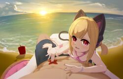  1boy 1girl absurdres animal_ear_headphones animal_ears bare_arms barefoot beach bikini blonde_hair blue_archive blue_swim_trunks blurry blurry_foreground bracelet breasts bridal_garter cat_ear_headphones cat_tail chestnut_mouth chinese_commentary collarbone commentary_request evening fake_animal_ears feet headphones hetero highres jewelry legs loli looking_at_viewer lying lying_on_person male_swimwear marshal_(artist) mechanical_tail momoi_(blue_archive) ocean open_mouth outdoors pink_bikini pink_eyes pink_garter pov pov_crotch pretzel_bikini sand sand_bucket small_breasts smile solo_focus starfish sunset swim_trunks swimsuit tail toes v water 