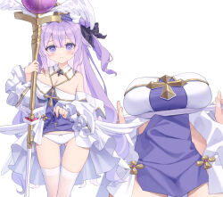  1girl azur_lane bare_shoulders black_bow blue_dress blue_hat blush bow bow_panties breasts cleavage closed_mouth clothes_lift cross detached_sleeves dress dress_lift gluteal_fold hair_between_eyes hair_bow hair_bun hat highres holding holding_staff large_breasts latin_cross lifting_own_clothes long_hair long_sleeves low_wings multiple_views one_side_up orb panties purple_eyes purple_hair satsuki_yukimi simple_background single_side_bun staff thighhighs underwear unicorn_(azur_lane) very_long_hair white_background white_dress white_panties white_sleeves white_thighhighs white_wings wide_sleeves wings 
