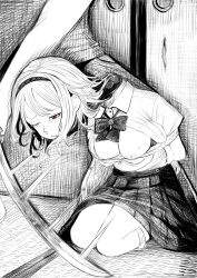  1girl 1other absurdres bound bow bowtie breasts collared_shirt commentary_request crying crying_with_eyes_open death decapitation disorder! dress_shirt execution fusuma greyscale hairband highres indoors medium_breasts monochrome nipples one_eye_closed open_clothes open_shirt original partial_commentary pleated_skirt red_eyes school_uniform seiza shirt short_hair sitting skirt sliding_doors snot solo_focus spot_color sweat tatami tears tied_up_(nonsexual) white_shirt 
