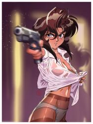  1girl absurdres aiming artist_logo black_eyes blurry blurry_background border breasts brown_hair collared_shirt commentary dark-skinned_female dark_skin english_commentary finger_on_trigger fritz_willie gun gunsmith_cats hair_between_eyes handgun high-waist_pantyhose highres holding holding_gun holding_weapon looking_at_viewer medium_breasts medium_hair motion_blur navel no_pants outstretched_arms panties panties_under_pantyhose pantyhose parted_lips rally_vincent shirt solo teeth thighband_pantyhose underwear v-shaped_eyebrows weapon wet wet_clothes wet_shirt white_border white_panties white_shirt  rating:Sensitive score:11 user:danbooru
