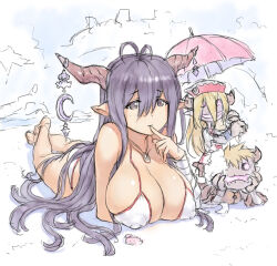  2dolls bikini breasts cleavage colorized danua doll draph finger_on_mouth granblue_fantasy horns huge_breasts jewelry long_ears long_hair mogudan necklace pale_color purple_hair simple_background sketch swimsuit umbrella 