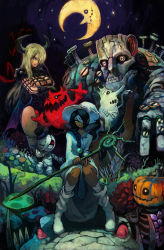  2girls 5others aqua_eyes bandaged_head bandages bat_(animal) bat_wings black_gloves black_leotard blonde_hair boots braid braided_ponytail breasts cleavage coffee_cup crescent_moon crown cup dark-skinned_female dark_skin demon demon_girl demon_horns demon_wings disposable_cup dragon facing_viewer female_focus frankenstein&#039;s_monster ghost gloves green_eyes hair_over_shoulder halloween hat highres horns jack-o&#039;-lantern knees_together_feet_apart lack leotard licking_lips long_nose looking_at_viewer medium_breasts monster moon multiple_girls multiple_others mushroom night night_sky original outdoors plant pumpkin red_eyes screw sharp_teeth shoes sitting sky staff standing star_(sky) starry_sky stitched_mouth stitches tagme teacup teeth tongue tongue_out top_hat white_footwear white_headwear white_witch_(lack) wings witch witch_hat zombie  rating:Sensitive score:5 user:Fire_Fly