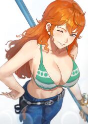 1girl belt bikini blurry blush breasts cleavage commentary emknov hand_on_own_hip highres holding holding_polearm holding_weapon jewelry large_breasts log_pose long_hair looking_at_viewer nami_(one_piece) navel one_eye_closed one_piece orange_hair polearm smile solo swimsuit weapon white_background rating:Sensitive score:47 user:danbooru