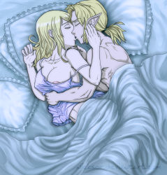 1boy 1girl areola_slip artist_name bare_shoulders bed bed_sheet blonde_hair breasts camisole chemise cleavage clothed_female_nude_male clothed_sex collarbone couple covered_erect_nipples covering_privates crossover cushion closed_eyes fairy_tail from_above hand_on_another&#039;s_face hetero highres hug hug_from_behind kiss large_breasts link long_hair lucy_heartfilia lying muscular naked_sheet navel nintendo nipples nude nude_cover off_shoulder on_side pillow pointy_ears ponytail sex short_hair spooning strap_slip text_focus the_legend_of_zelda under_covers vaginal  rating:Explicit score:38 user:LinkHelios