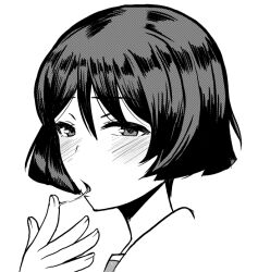1girl :o black_hair blush bob_cut covering_own_mouth cropped_shoulders girls_und_panzer greyscale hand_over_own_mouth k-dam looking_at_viewer monochrome open_mouth portrait saliva saliva_trail short_hair simple_background solo utsugi_yuuki white_background