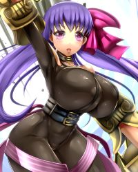 10s 1girl bare_shoulders bodysuit bow breasts fate/extra fate/extra_ccc fate_(series) hair_bow highres huge_breasts looking_at_viewer parted_lips passionlip_(fate) purple_eyes purple_hair sakuama solo thighs rating:Sensitive score:18 user:danbooru
