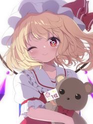  1girl blonde_hair blush closed_mouth collarbone collared_shirt commentary_request crystal dress flandre_scarlet g4ku grey_hat grey_shirt hair_between_eyes hands_up hat hat_ribbon heart heart-shaped_pupils highres hug jewelry looking_at_viewer mob_cap multicolored_wings numbered one_eye_closed one_side_up puffy_short_sleeves puffy_sleeves red_dress red_eyes red_ribbon ribbon shirt short_hair short_sleeves simple_background smile solo star_(symbol) stuffed_animal stuffed_toy symbol-shaped_pupils teddy_bear touhou white_background wings  rating:General score:7 user:danbooru