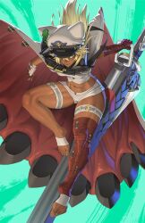  1girl bandaged_arm bandaged_leg bandages barefoot blonde_hair cape clover dark-skinned_female dark_skin floating_hair four-leaf_clover gloves guilty_gear guilty_gear_strive hat holding holding_sword holding_weapon looking_at_viewer midriff ramlethal_valentine rim_jims shorts single_glove solo sword thigh_strap toned toned_female weapon 