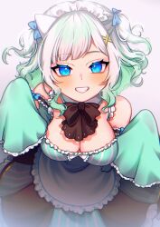  1girl apron bare_shoulders black_bow black_bowtie blue_bow blue_eyes blush bow bowtie breasts cleavage detached_sleeves dress frilled_apron frilled_dress frilled_sleeves frills gradient_hair green_dress green_hair grey_background grin hair_bow hair_ornament highres indie_virtual_youtuber large_breasts looking_at_viewer maid maid_apron maid_headdress medium_hair mint_fantome multicolored_hair simple_background sleeves_past_fingers sleeves_past_wrists smile solo striped_clothes striped_dress suulore teeth vertical-striped_clothes vertical-striped_dress virtual_youtuber white_hair x_hair_ornament 