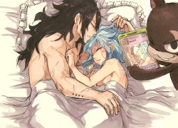  1boy 1girl bed black_hair blue_hair cellphone couple fairy_tail gajeel_redfox grin levy_mcgarden long_hair nude pantherlily phone rboz rusky scar sleeping smartphone smile  rating:Sensitive score:81 user:dmysta3000